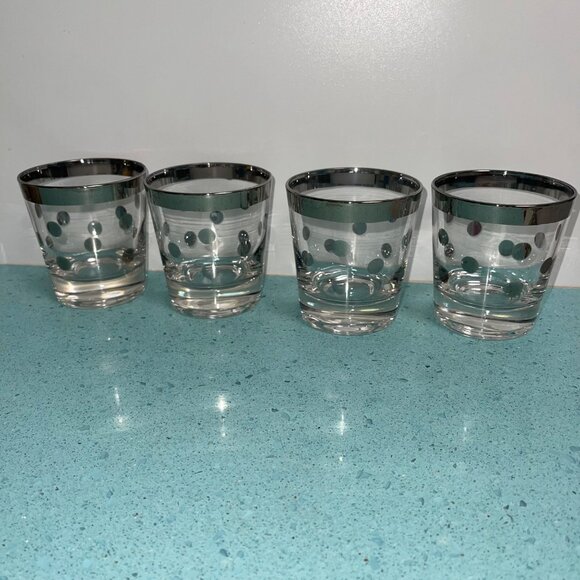 Dorothy Thorpe MCM Silver Rim Polka Dot Lowball Glasses Set of Four - Picture 3 of 11